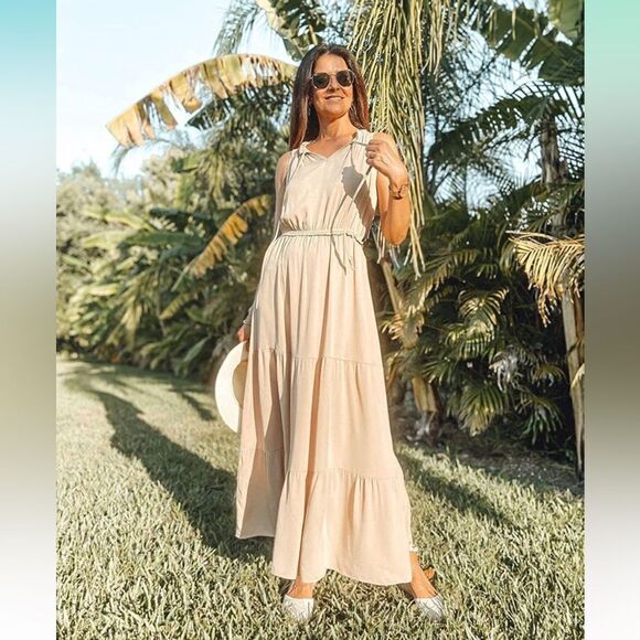 KIRUNDO Sleeveless Maxi Dress Solid Tie Neck Dress High Waist Ruffle Hem Small - Picture 2 of 5